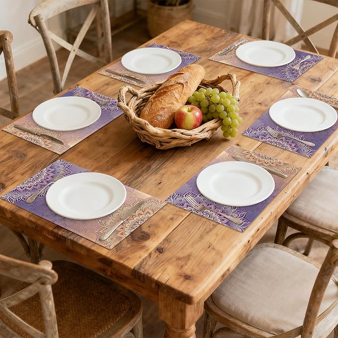 Mandala Floral Orange Placemats Set of 6, Red Linen Washable for Christmas, Thanksgiving, Party, and Daily Dining, Decorative Table Mats for 4-6 Person Table
