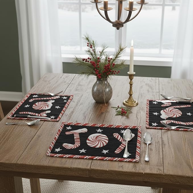 DaDa Bedding Starry Peppermint Joy Placemats - Set of 4 Festive Christmas Winter Holiday Tapestry - Red Black & White Cotton Linen Woven Yueltide Dining Table Mats - 13” x 19” (12904)