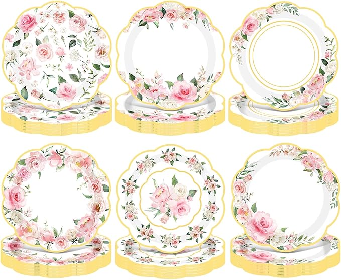 Umigy 120 Pcs Summer Pink Floral Paper Plates 7 Inch Floral Party Decoration Plates, Summer Wild Flower Disposable Decorative Tableware for Birthday Wedding Baby Shower Tea Party Bridal Shower