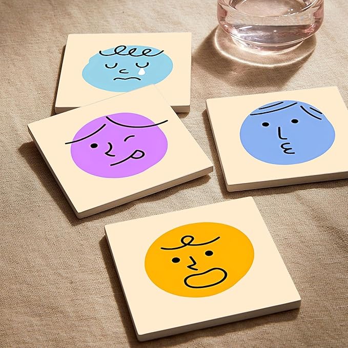 MAYCARI Cartoon Emotional Face Coasters Set of 6 Cork Backed Cute Coasters with Metal Holder Original Ceramic Surface Drink Cup Mats for Tabletop Protection Modern Desk Decoration Birthday Gifts