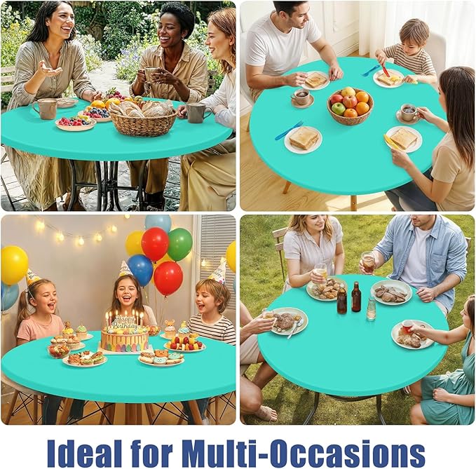 Round Spandex Tablecloth, Elastic Fitted Waterproof Tablecloths for 31"-35" Tables, Stretch Washable Picnic Table Cover for Camping, Dining, Indoor and Outdoor,Aqua Blue