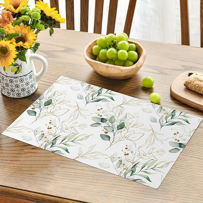Leaves Printed Placemats Set of 4 Watercolor Sage Green Gold Branch Place Mats Washable Rectangular Spring Table Mats for Party Home Kitchen Restaurant Dining Table Decor 12x18 Inch