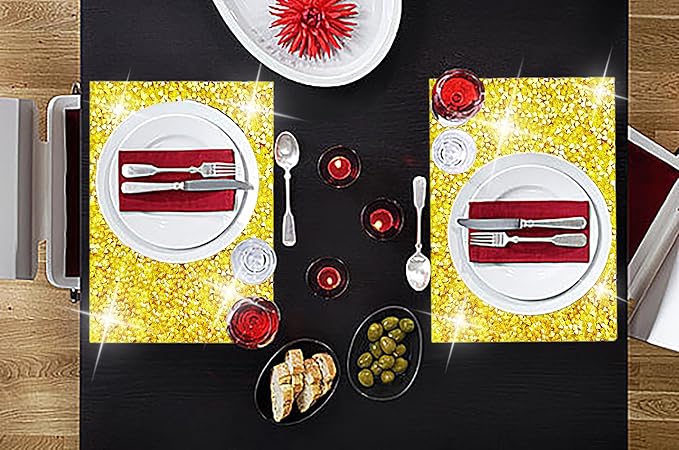 Gold Placemats Gold Heat Resistant Mat Square Placemats Trivets Rhinestone Decor Place Mat Crushed Diamond Decor Bling Sparkly Mat Set of 4