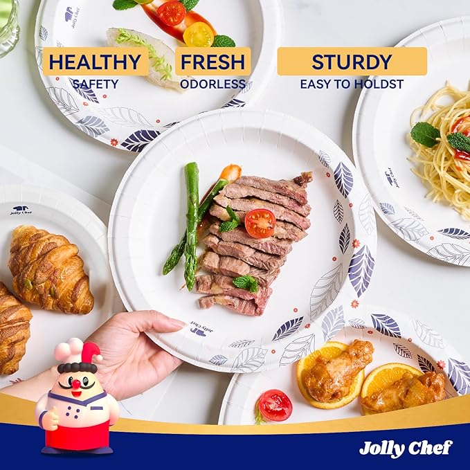 JOLLY CHEF 140 Count Paper Plates 10 inch Soak Proof, Cut Proof, Heavy Duty Leaf Printed Disposable Paper Plates for Everyday Use