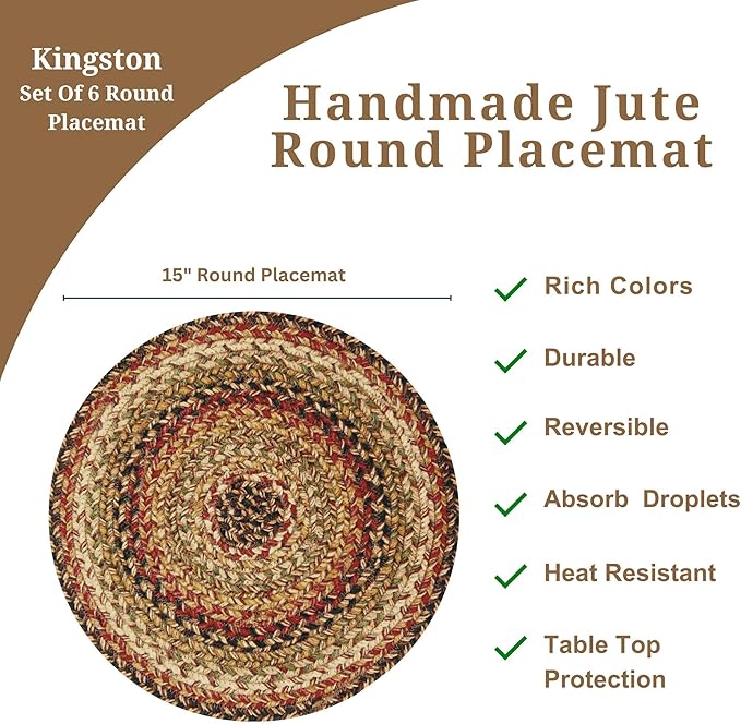 Homespice Kingston Jute Woven Round Placemats Set of 6, 15", Warm Country Decor, Multicolor Table Mats - Vibrant Colors, Durable, Easy to Clean and Protects Furniture