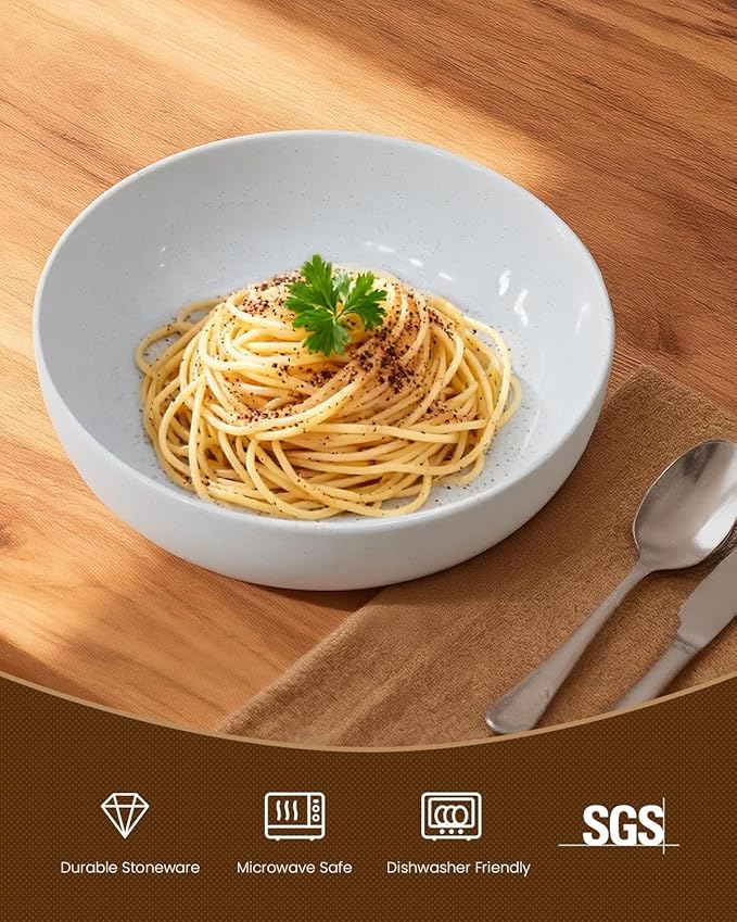 Pasta Bowls Set of 4, 34oz Speckled Ceramic Bowls Set for Serving Salad, Pasta, Soup, Dinner, 8" Wide and Deep Bowls, Dishwasher & Microwave Safe, Matte Terracotta Base (Gray White)
