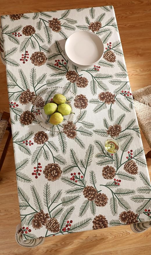 ISAENNE Designer Christmas Beige Linen Long Rectangle Tablecloth,Pinecones Pattern Indoor Table Cloths,Washable Decor Tablecloths for Dining Thanksgiving Kitchen Christmas,63"*94"-Carol B