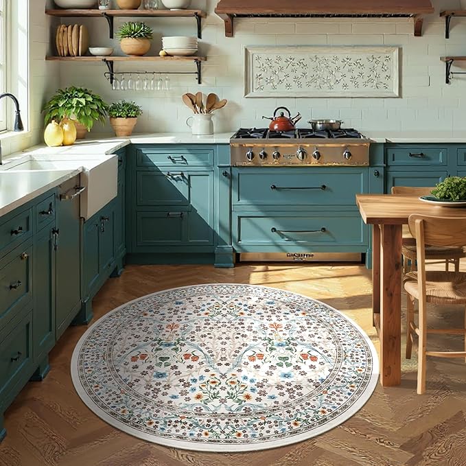 GarveeHome Beige Ivory Floral 6 ft Round Rug Washable Non-Slip Soft Low Pile Circle Carpet Vintage Rugs for Kitchen Bedroom Nursery Dining Living Room