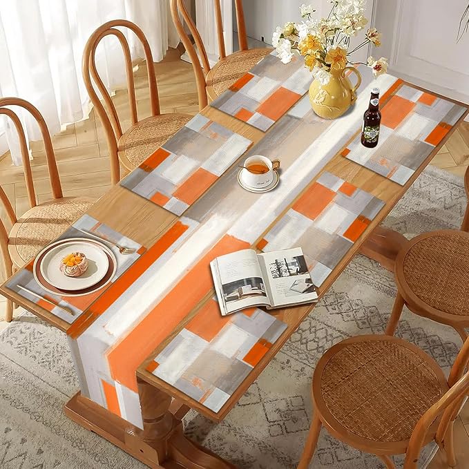 Mcalk Orange Table Runner and Placemats Set of 6, Abstract Brown Placemats, Modern Cloth Place Mats Indoor for Kitchen,Washable Linen Material for Dining Table