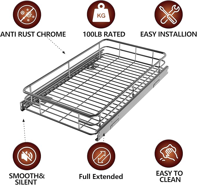 Pull Out Cabinet Organizer (16.4" W x 21" D), Put Out Shelves for Kitchen Cabinets, Roll Out Drawers Heavy-Duty Metal Sliding Shelf, Bottom Mount