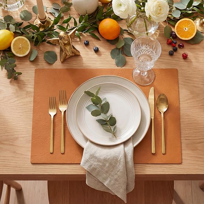 Artoid Mode Rust Faux Leather Placemats Set of 4, 12x18 Inch Waterproof Wipeable Heat Resistant Vinyl Place Mats, Reversible Table Mats for Fall Kitchen Dining Decor
