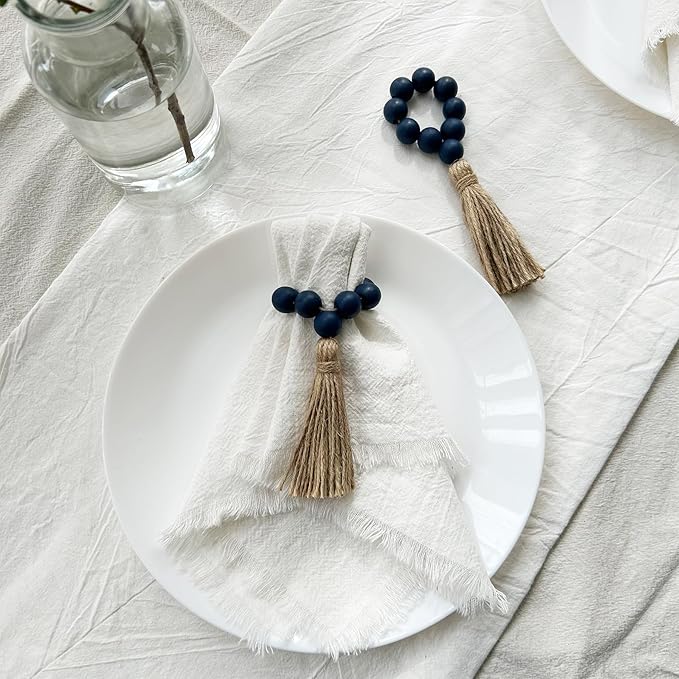 Napkin Rings Set of 12,Wooden Napkin Rings,Wood Bead Elastic Farmhouse Napkin Ring with Tassel,Boho Napkin Holder for Table Decor,Weeding,Dinner,Party(Navy Blue)
