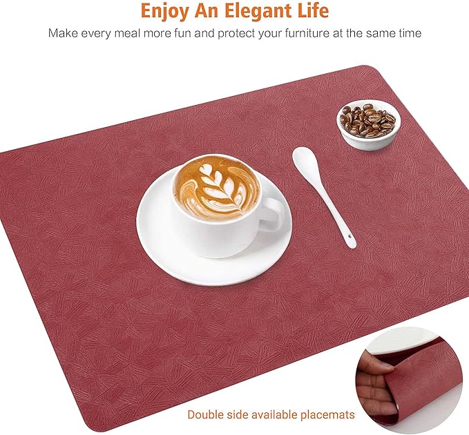Vinyl Placemats Set of 6 Heat Resistant Easy Clean Non-Slip Place Mats for Dining Table Faux Leather Waterproof Stain Resistant Wipeable Washable PVC Table Mats(6, Red)