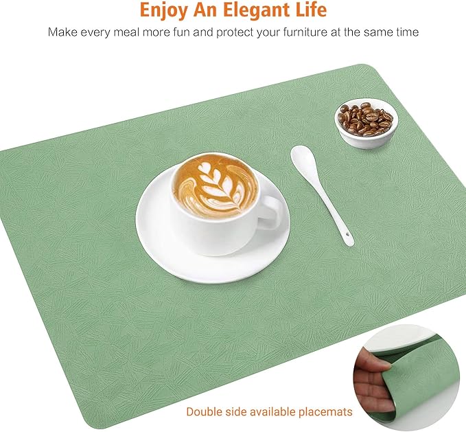 Vinyl Placemats Set of 12 Heat Resistant Easy Clean Non-Slip Place Mats for Dining Table Faux Leather Waterproof Stain Resistant Wipeable Washable PVC Table Mats(12, Green)