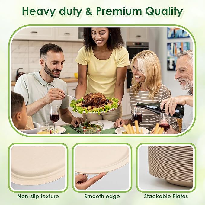 100pc Disposable Oval Paper Plates, 12.5" Biodegradable Compostable Heavy Duty Bagasse Platters Eco-Friendly Sugarcane Plates for BBQ, Party, Picnic - Natural Pulp