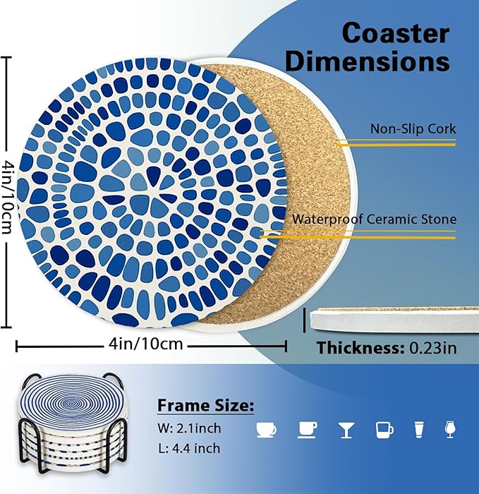 Blue White Geometric Ceramic Coasters with Holder Set of 6, Abstract Dahlia Modern Art Absorbent Drink Cup Mat for Coffee Table Protection, 4'' Minimalist Home Kitchen Decor Housewarming Gifts