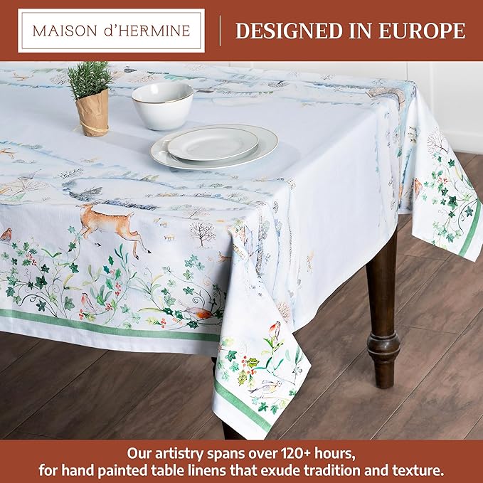 Maison d' Hermine Table Cloth Rectangle Table 100% Cotton 60 x 90 Inches Fall Tablecloth Reusable Everyday Use for Thanksgiving Christmas Decorations Dining Farmhouse Party (Snowy World)