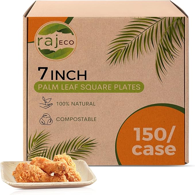Raj Palm Leaf Plates Bulk [50-Pack] 7" Square Plates(3 CASES - 150 PACK) like Bamboo plates Disposable, Strong, Decorative Compostable Tableware for weddings, Lunch, Dinner, Birthday, Camping