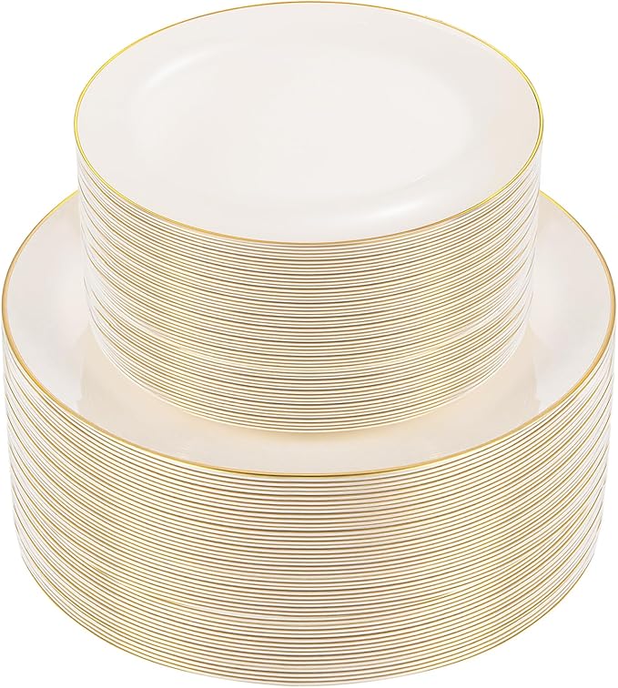 bUCLA 100PCS Ivory Plastic Plates with Gold Rim - Heavy Duty Cream Disposable Include 50 Dinner 10 inch & 50 Dessert 7 inch, for Party & Wedding