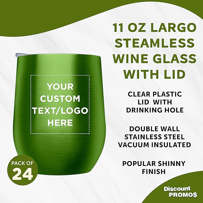Custom Stemless Wine Glass Tumblers with Lids by Largo 11 oz. Set of 24, Personalized Bulk Pack - Perfect for Wine, Cocktails, Other Hot & Cold Beverages - Lime Green