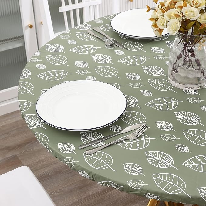 Walrus Round Vinyl Fitted Tablecloth with Flannel Backing Elastic Edge Design Table Cover Waterproof Oil-Proof PVC Table Cloth Stain-Resistant Best for 57"-66" Round