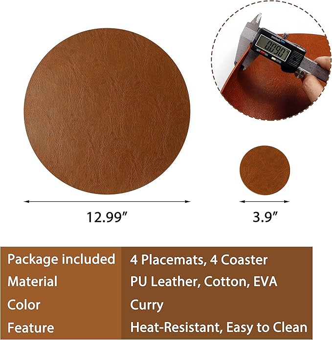 Set of 8 PU Leather Placemats, Waterproof Coffee Coasters, Kitchen Table Mats, Easy to Wipe Off for Dining Round Table