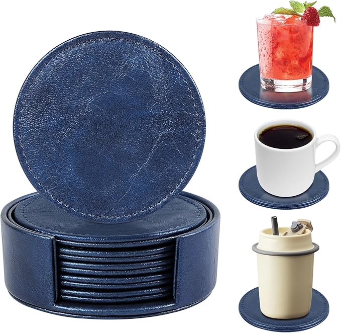6 Pcs Premium Leather Coasters with Holder, Tabletop Protection, Coffee Table & Bar Decoration, Modern-Style Drink Coasters Suitable for Home Dining Tables & Kitchen Accessories (Blue)