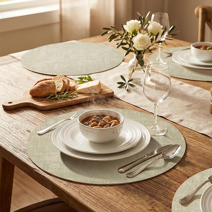 15 inch Faux Leather Round Placemats Set of 6 Non-Slip Washable Wipeable Table Mats, Heat Resistant Waterproof Oilproof Sage Green Place Mats for Kitchen, Dining, Party, Indoor, Outdoor