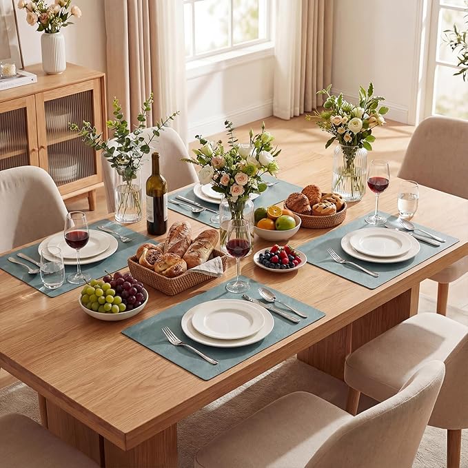 Artoid Mode Blue Faux Leather Placemats Set of 4, 12x18 Inch Waterproof Wipeable Heat Resistant Vinyl Place Mats, Reversible Table Mats for Winter Kitchen Dining Decor