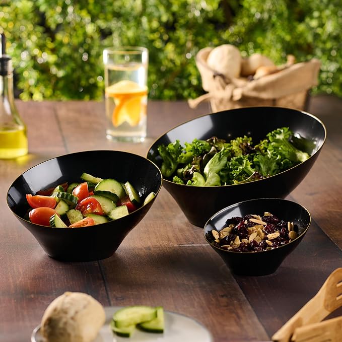 PLASTICPRO Angled Plastic Bowls Disposable Small Plastic Black Serving Bowls with Gold Rim for Party for Appetizer Salads Pack of 8