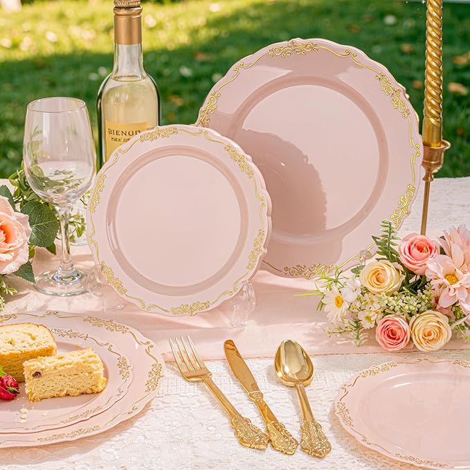 DaYammi 150Pcs Pink Plastic Plates with Gold Rimmed & Gold Silverware,Pink Disposable Plates for Party Include 30 Dinner Plate,30 Dessert Plate,30 Knives,30 Forks,30 Spoons for Valentine's Day Party
