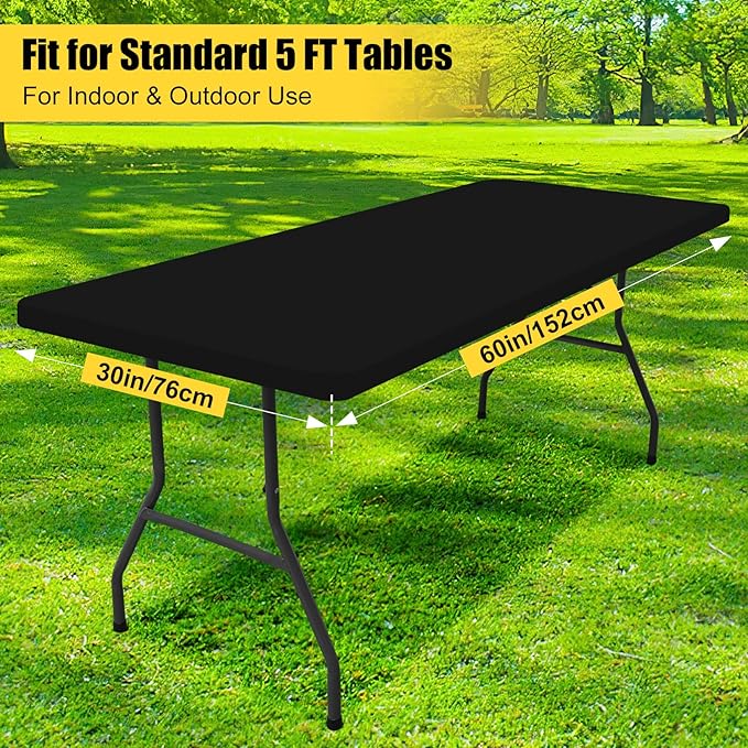Smiry Rectangle Picnic Table Cloth, Waterproof Elastic Fitted Tablecloths for 5 Foot Tables, Washable Polyester Table Cover for Camping, Outdoor and Indoor (Black, 30"x60")