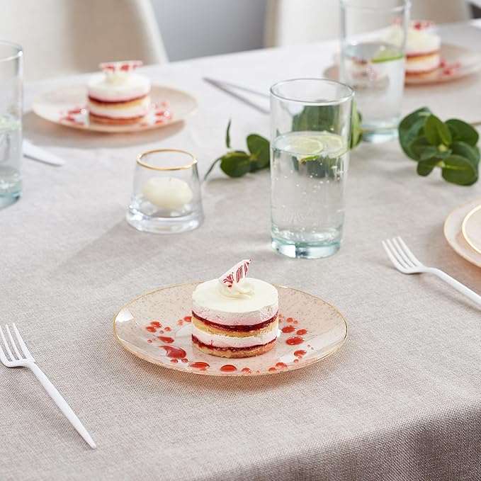 PLASTICPRO 30 Pack Disposable Plastic Plates Heavyweight Granite Look Elegant 7 inch Dinner Plates Pink with Gold Rim