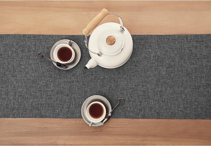 Solino Home Linen Table Runner 132 Inches Long - Athena, 100% Pure Linen Charcoal Grey 14 x 132 Inch Table Runner for Dining, Winter