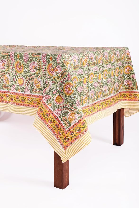 ATOSII Clover Green 100% Cotton Rectangle Fall Tablecloth, Handblock Floral Print Linen Table Cloth for Kitchen Dining I Parties, Weddings, Outdoors, Easter I Home Decor 60 X 60 Inches I 4 Seater