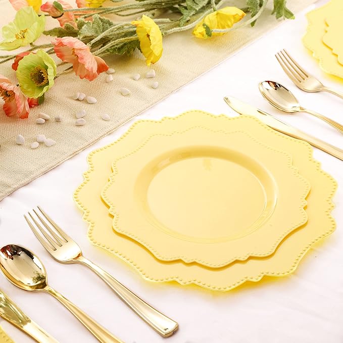 COLOSUS Disposable Lemon Yellow Plastic Plates 60Pcs, Thanksgiving Plastic Plates.,Light Baby Yellow Party Plates, Heavy Duty 30 Dinner plate 10.5" and 30 Salad/Dessert Plate 8.25" for Wedding,Party
