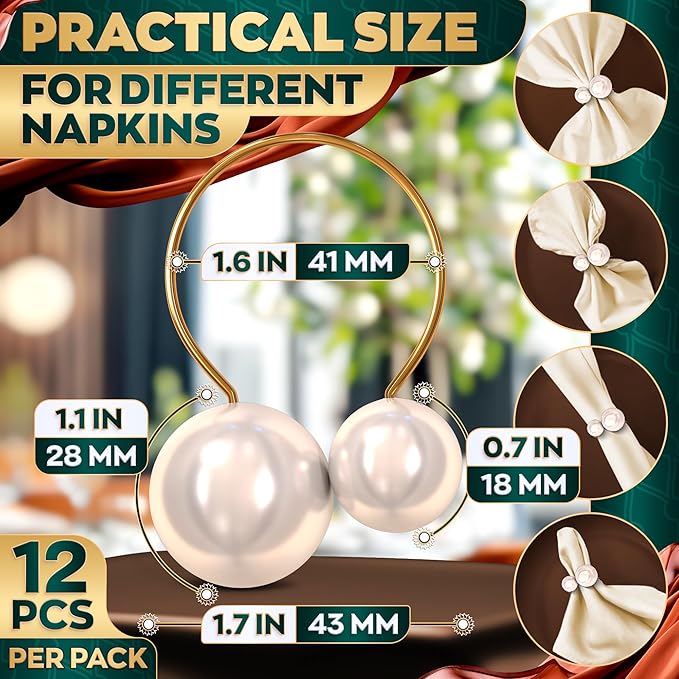 Gold Pearl Napkin Rings Set of 12 – Valentine Napkin Rings | Romantic Table Decor with Faux Pearls | Reusable, Metal & Scratch-Resistant Finish - for Weddings, Banquets, Holiday Dinners & Gift Giving