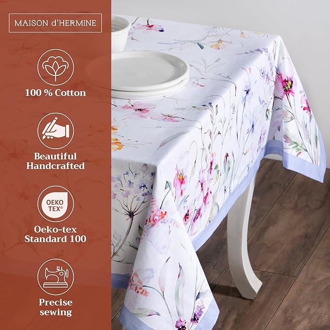 Maison d' Hermine Table Cloth Square Table 100% Cotton 60 x 60 Inches Tablecloth Reusable Decorative for Dining Room Farmhouse Home Valentines Day Decorations Spring Summer - Summer Floral