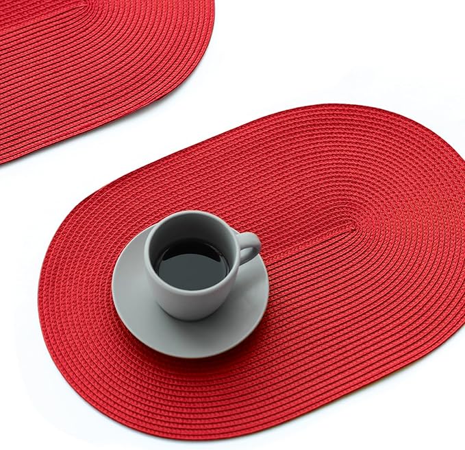 FunWheat Oval Braided Placemats Set of 8 Table Mats for Dining Tables Washable Heat Resistant Place Mats for Indoor Outdoor Use 12 x18 Inch(Oval Red, 8pcs)