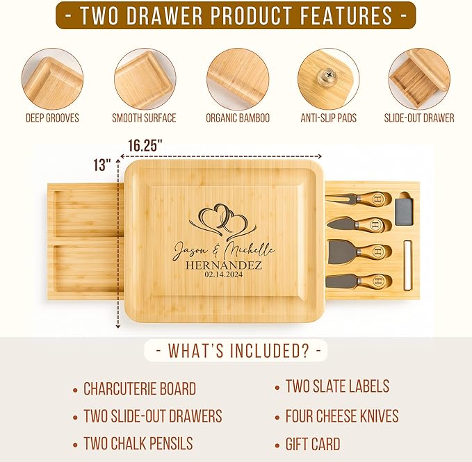Personalized Bamboo Charcuterie Board Set with Fruit Tray - Housewarming, New Home, Gift for Couples, Wedding, Anniversary, Birthday, Bridal Shower, Women, Men, Valentines Day Gifts for Her, Him