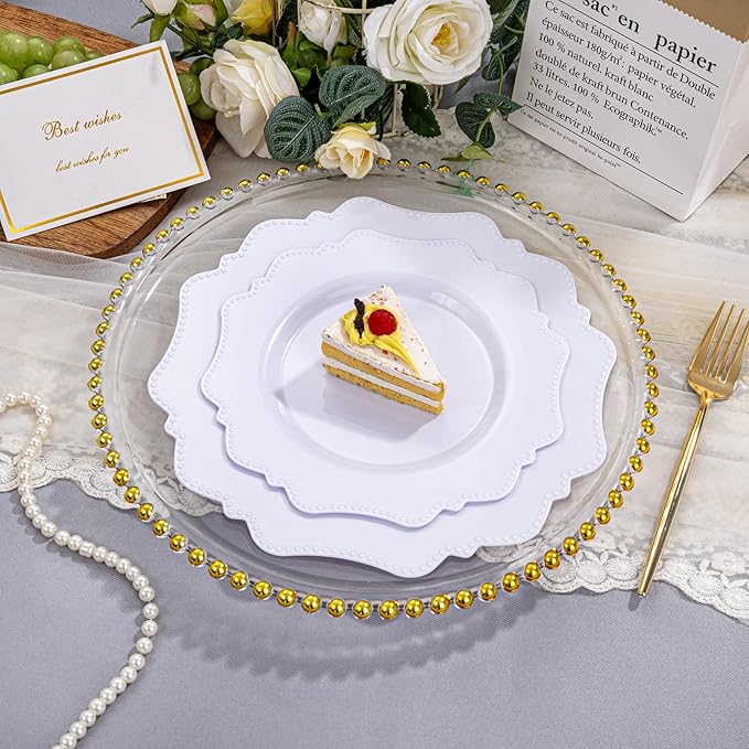 COLOSUS 100pcs 7.5 Inch White Plastic Dessert Plates,Heavy Duty Disposable Appetizer Plates,Premium Plastic Salad Plate,Fancy Disposable Cake Plate for Party, Thanksgiving and Everyday Use