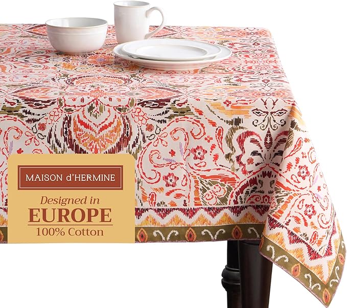 Maison d' Hermine Table Cloth Square Table 100% Cotton 60 x 60 Inches Fall Tablecloth Reusable Everyday Use for Thanksgiving Christmas Decorations Dining Farmhouse Party (Damask)