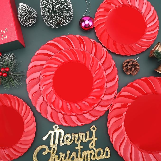 U-QE 100Pcs Red Plastic Plates - Red Scalloped Plastic Plates for Party - Heavy Duty Plate Disposable Include 50 6 '' Dessert Plate, 50 9 '' Dinner Plate Suite for All Occasions