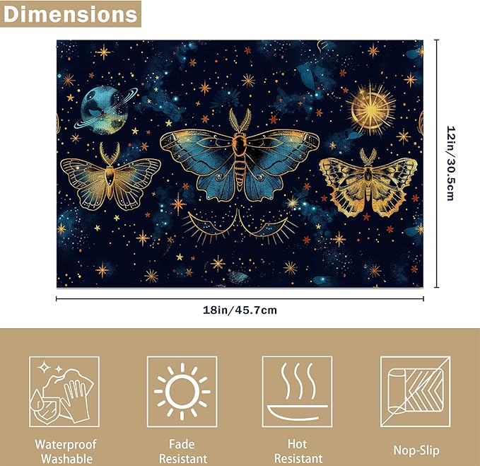 Watercolor Butterfly Starry Sky 12x18 Inch Placemats Set of 6 - Waterproof, Non-Slip & Washable Table Mats for Kitchen & Dining Table Placemats