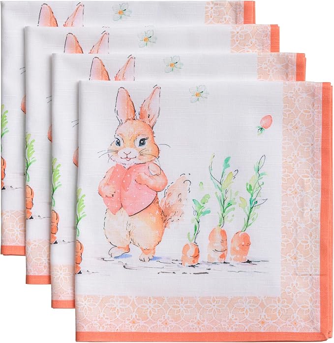 Maison d' Hermine Cloth Napkins Set of 4 100% Cotton Everyday Reusable Square Napkins Cloth Washable Dinner Party Wedding Restaurant Valentines Day Decorations Spring/Summer (Bunny Party, 20" x 20")