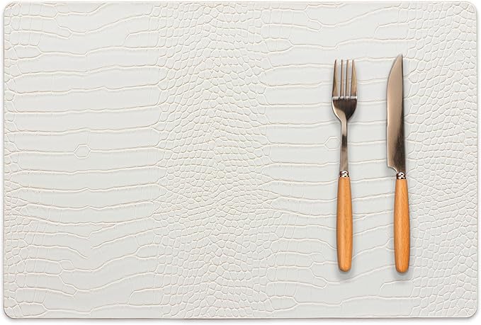 Jovono Faux Leather Placemats Set of 6, Waterproof & Heat Resistant Dinner Place Mats for Dining Table, Non-Slip Crocodile Embossed, White (17.8x11.8 Inch)