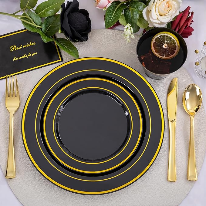 WELLIFE 600 PCS Black and Gold Disposable Dinnerware Set for 100 Guests, Gold rimmed Plastic Dinner Plates,Salad Plates,Cups,Silverware Set for New Year Party Supplies