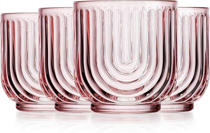 Glaver's Vintage Glassware Art Deco Glasse Ribbed Drinking Glasses U-Shape Arch Design Colored Cocktail Kitchen Tumblers Everyday Dinner Decorative Party (Pink S/4 11oz)