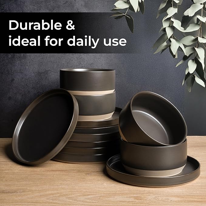 MIAMIO – Bowl Set of 4 / Ceramic Bowl Set (30 oz) for Pasta, Ramen, Cereal, Salad – Dishwasher and Microwave Safe – Sierra Collection (Dark, Bowls (4x))