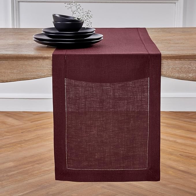 Solino Home Linen Burgundy Table Runner 72 Inches Long - 100% Pure Linen Hemstitch Table Runner 14 x 72 Inch for Dresser, Dining, Winter, Valentines - Classic Hemstitch